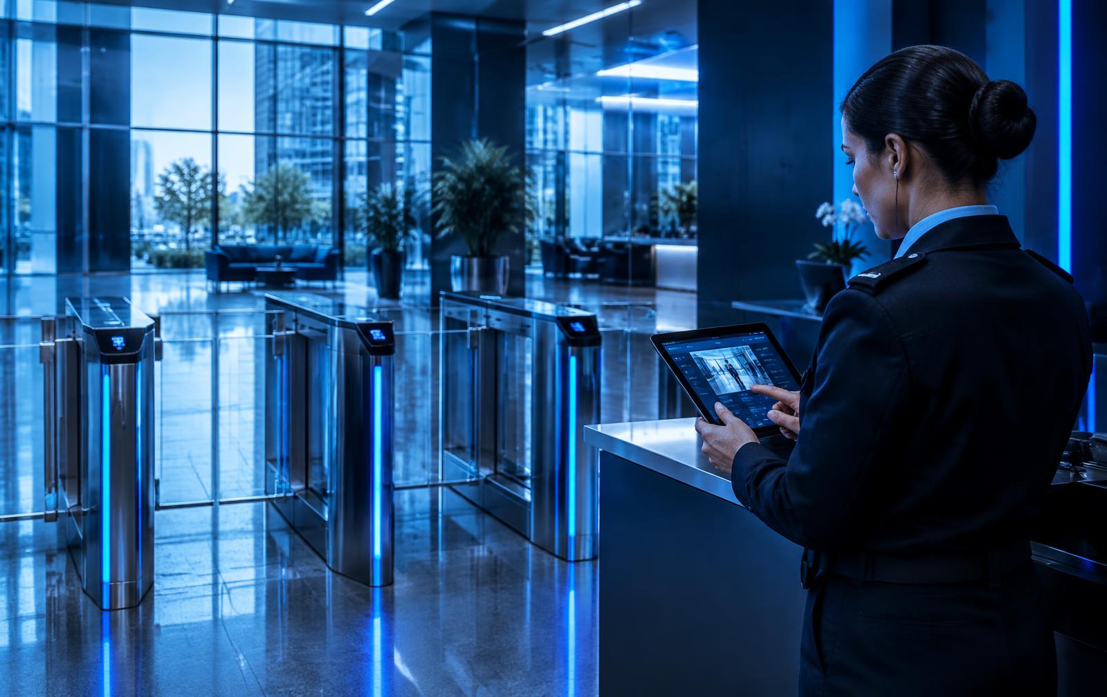Lobby corporativo con control de acceso